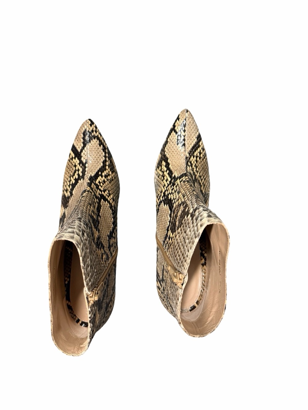 Stuart Weitzman Snake-Print Pointed Toe Ankle Boots in Tan and Black